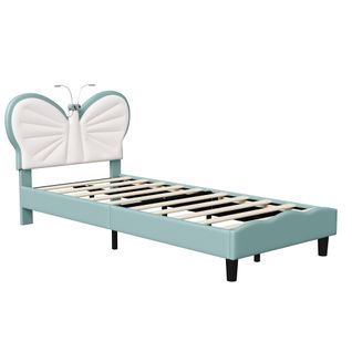 Lit Enfant Rembourré 90x200cm Avec Tête De Lit Réglable, Facile à Monter, Blanc,bleu