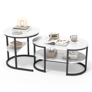 Ensemble De Deux Tables Basses, Ovale Et Ronde, Structure En Métal,noir