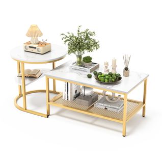 Ensemble De Deux Tables Basses Gigognes Avec Imprimé Marbre Blanc Et Cadre En Métal Doré