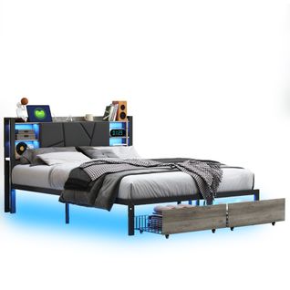 Lit Double Rembourré 140 X 200 Cm Avec Éclairage LED, Port USB Et Rangements, Cadre De Lit En Métal