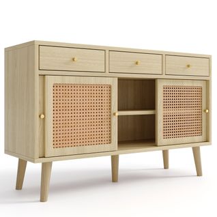 Buffet 120cm Avec 3 Tiroirs Et Portes Coulissantes, Pieds En Bois Massif, Poignée dorée,Couleur bois