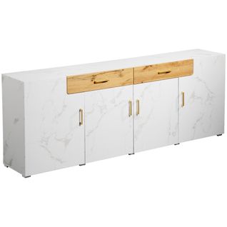 Buffet, Meuble De Rangement, 208 X 39,5 X 80 Cm, Commode 4 Portes, 2 Tiroirs, Blanc