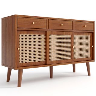 Buffet 120cm Avec 3 Tiroirs Et Portes Coulissantes,  Pieds En Bois Massif, Poignées En Métal Doré