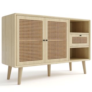 Buffet 120cm Avec 1 Tiroir Et 2 Portes Magnétiques En Rotin Tressé Avec Poignées En Métal Noir