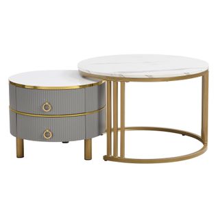 Table Basse Ronde 2 En 1 Avec Plateau Brillant, Avec 2 Tiroirs, Gris