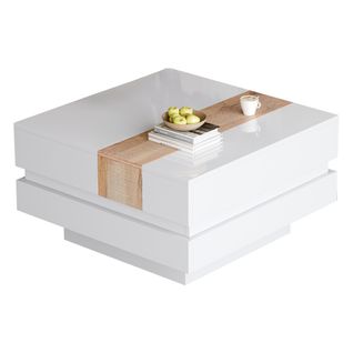 Table Basse Carrée De 70cm Avec Plateau Rétractable Et Rangement Dissimulé, Blanc + Bois