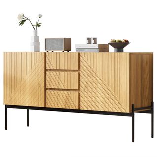 Buffet Avec 2 Portes Et 3 Tiroirs, Pieds En Métal, Commode Au Design Linéaire, Dimensions : 140 Cm