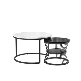 Lot De 2 Tables Basses Gigognes, Aspect Marbre, Rangement, Pieds En Métal,noir+blanc