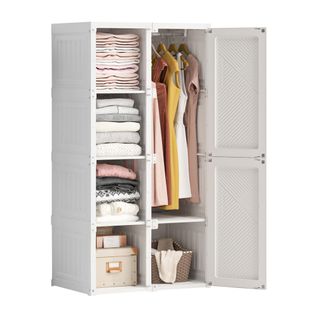 Armoire Pliable En Plastique Avec Portes Magnétiques Et Tringle à Vêtements, Blanche