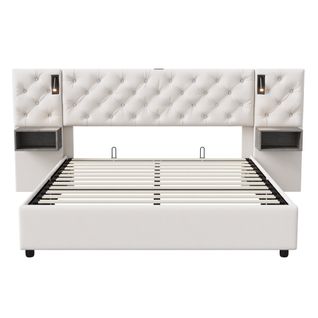 Lit Coffre Adulte 140x200 Cm Avec Tête De Lit, Liseuse, Port USB, 2 Tables De Chevet, Velours, Blanc