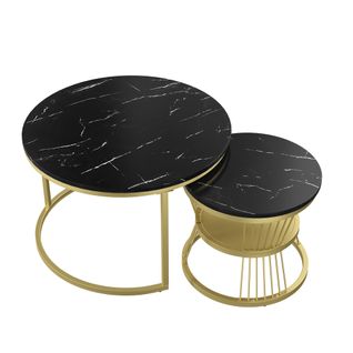 Lot De 2 Tables Basses Gigognes, Aspect Marbre, Rangement, Pieds En Métal,noir