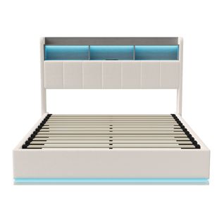 Lit Double 160x200 Cm Avec Tête De Lit Coffre Et Bande Lumineuse LED, Durable, Velours,blanc