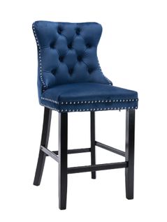 Lot De 2 Tabourets - Velours Bleu, Capitonnage, Pieds Bois - Style Lounge
