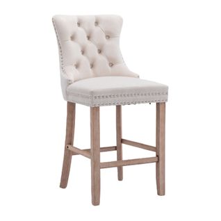 Lot De 2 Tabourets - Velours Béige, Capitonnage, Pieds Bois - Style Lounge