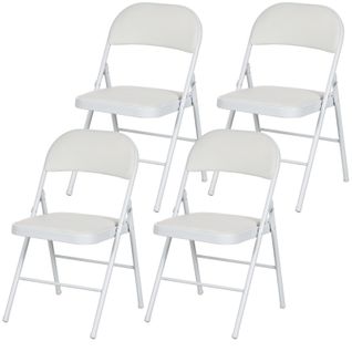 Lot De 4 Chaises Pliantes En Simili Cuir Blanc - Avec Coussin - Pieds Acier - Bureau/accueil