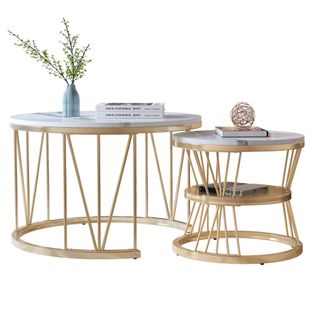 Ensemble De Deux Tables D'appoint Gigognes, Style Moderne, Structure En Métal, Empilables, Dorées