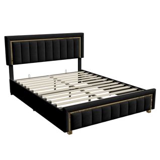 Lit 140x200 Cm, Lit Coffre Avec Rangement, Cadre De Lit Avec Tête De Lit, Velours, Noir