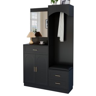 Meuble D'entrée Multifonction - Miroir, Rangement Intégré - Moderne Et Pratique,noir