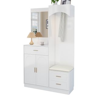 Meuble D'entrée Multifonction - Miroir, Rangement Intégré - Moderne Et Pratique,blanc