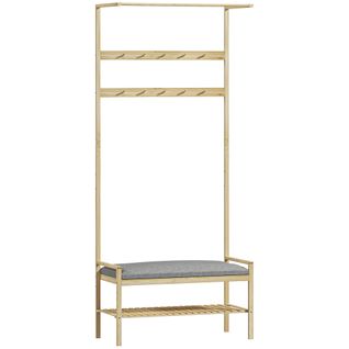 Porte-vêtements En Bambou Avec Banc à Chaussures - Cintres, Coussin - Style Naturel