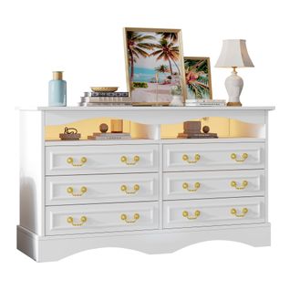 Commode Moderne 120cm - 6 Cases, LED, Rangement Semi-ouvert - Blanc
