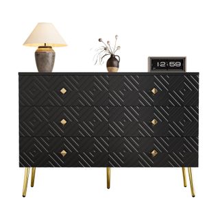 Commode Moderne 6 Tiroirs 120cm - Noir Et Or, Pieds Métal - 120x40x80 Cm