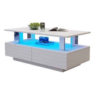 Table Basse LED Bluetooth - Contrôle Par App, Plateau Double - Blanc