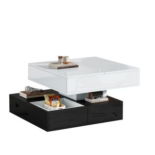 Table Basse Rotative Et Élévatrice 70cm - 3 Tiroirs, Double Plateau - Blanc/noir