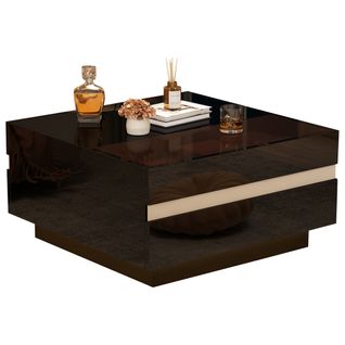 Table Basse Carrée Verre Trempé - Design Géométrique Avec LED - 2 Tiroirs Brillants - 70x70x36 Cm