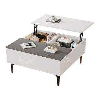 Table Basse Blanche Relevable Avec LED - Rangement Caché Et Tiroirs - 70x70x35 Cm