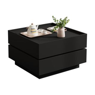 Table Basse Fonctionnelle à Plateau Rotatif 360° - 2 Étagères Et Rangement - Noir - 60x60x38 Cm