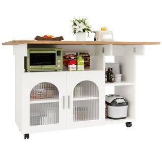 Buffet Cuisine Blanc Multifonction - Îlot Avec Chariot Amovible Et Table De Repas-rangement Intégré