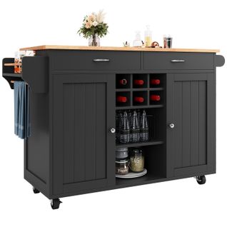 Buffet Cuisine Noir Et Bois 102 Cm - Îlot Et Table Avec Rangement - Multifonction Pratique