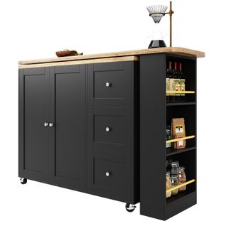 Buffet Tournante Noire 360° Extensible - 3 Tiroirs, Snack - Multifonction Cuisine/salon