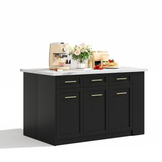 Buffet Cuisine Familial Blanc Marbre/noir - Table Extensible, Rangement Spacieux - Jusqu'à 246 Cm