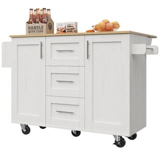 Buffet De Cuisine Blanc Et Bois - Cloisons Et Roues Amovibles - Table, Buffet Et Porte-serviettes
