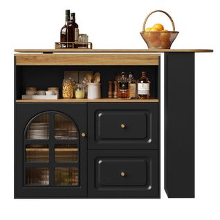 Buffet Bar Tournant Noir Design - 360°, Étagères Et Vitre Courbée - Pour Salon/chambre