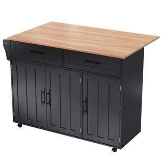 Buffet De Salle à Manger Noir 129 Cm - Plateau Bois Massif Pliant - Rangements, Roues/pieds Bois