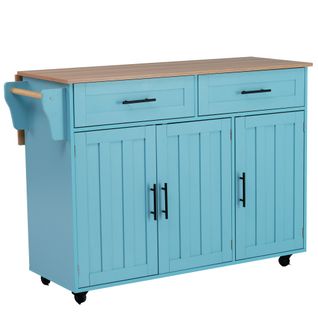 Buffet 129 Cm Bois Massif Et Bleu - Plateau Pliant, Roues/pieds Bois - Porte Rangement