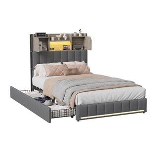 Lit Simple Capitonné 90x200 Cm, Avec 2 Tiroirs Et Une Tête De Lit LED Avec Ports USB Et Type-c, Gris