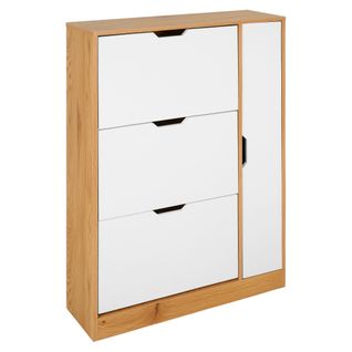 Meuble à chaussures 3 abattants 1 porte SAMUEL imitation chêne et blanc