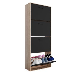 Meuble Rangement Chaussure 24 Paires - Pour Entrée - 60x24x150 Cm - Portes Noires Cadre Bois Clair