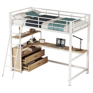 Lit Mezzanine, Lit Enfant 90x200cm, Lit En Fer Avec Tiroirs Et Bureau En L, Blanc