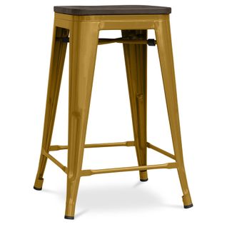 Tabouret De Bar - Design Industriel - Bois Et Acier - 60cm -metalix Doré