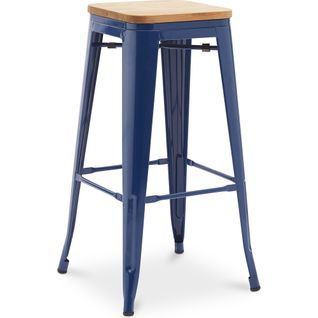 Tabouret De Bar - Design Industriel - Bois Et Acier - 76cm - - Metalix Bleu Foncé
