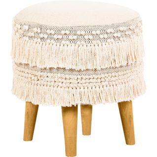 Tabouret Boho Bali Design En Bois De Pin, Coton - Gwinnett Bali Crème