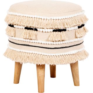 Tabouret Boho Bali Design En Bois De Pin, Coton - Jessie Bali Crème