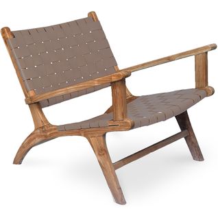 Fauteuil De Salon Avec Accoudoirs - Design Boho Bali - Bois Et Cuir - Grau Marron