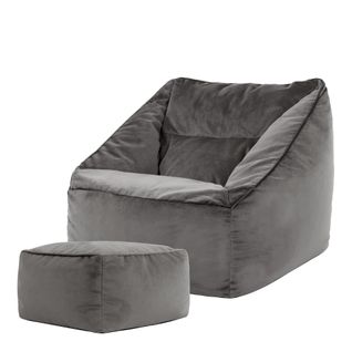 Pouf Fauteuil Natalia Avec Repose-pied Carré Velours Gris Anthracite, 88 X 100cm