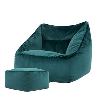 Pouf Fauteuil Natalia Avec Repose-pied Carré Icon Velours Bleu Canard, 88 X 100cm
